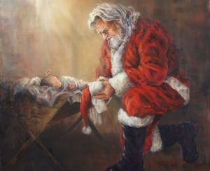 Papai noel curvado diante do Menino Jesus recém-nascido