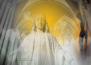 Maria Passa na Frente. Imagem de Nossa Senhora das Graças como que aparecendo em uma Igreja.